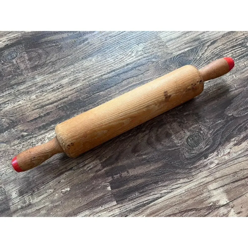 Vintage Wooden Rolling Pin with Red Handles, Rustic Farmhouse Kitchen Decor
